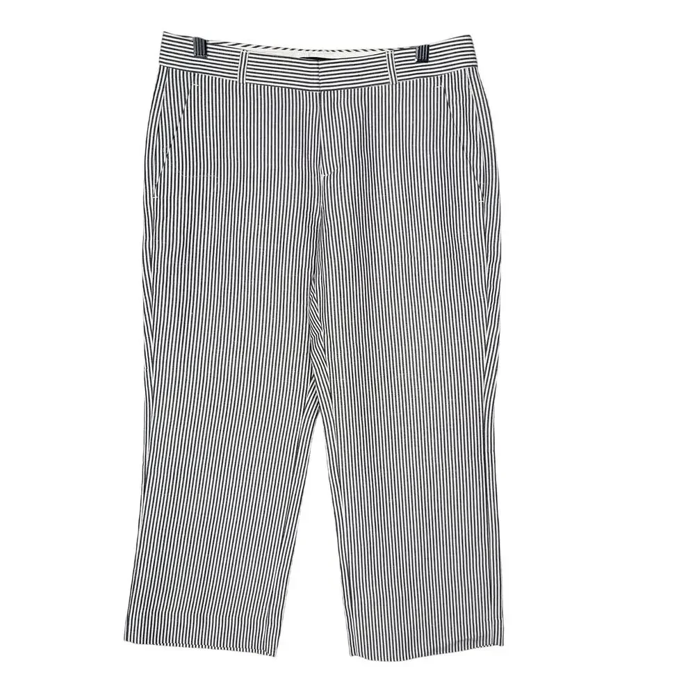 Banana Republic Womens 4P Petite White Blue Logan Seersucker Stripe Cropped Pant